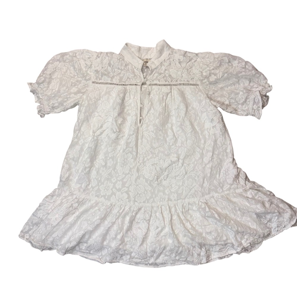 Porridge White Lace Babydoll Mini Dress Puff Sleeve Floral Applique size L
Tunic